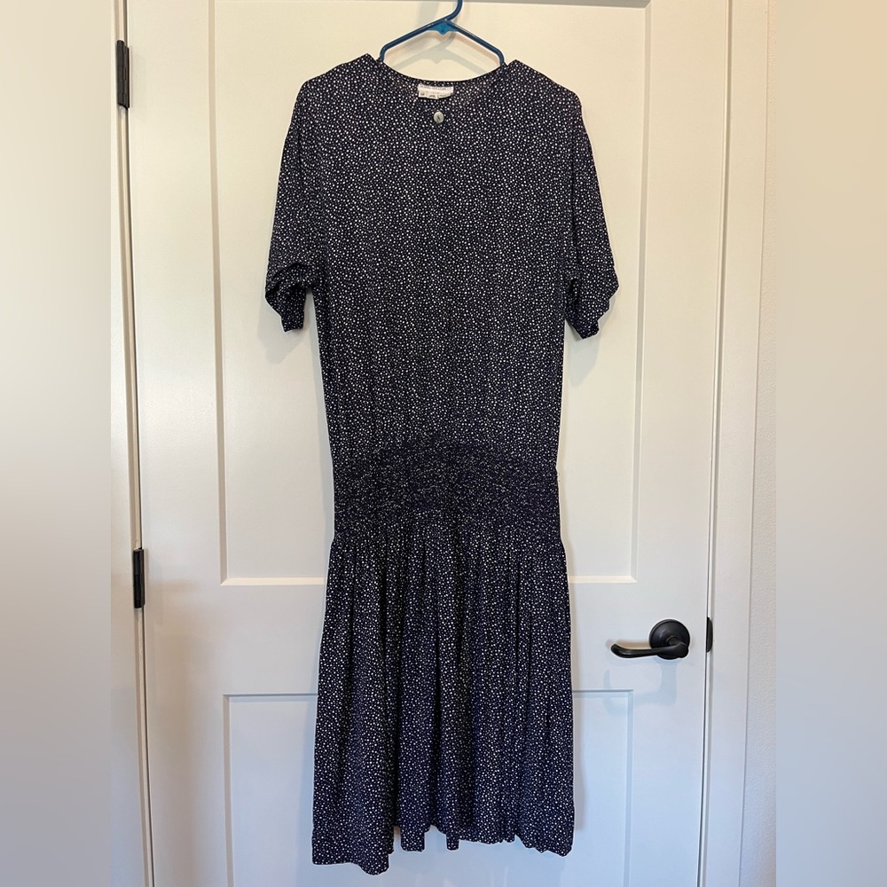 Vtg Dennis Goldsmith navy/white polka dot midi preppy old money skater dress 12